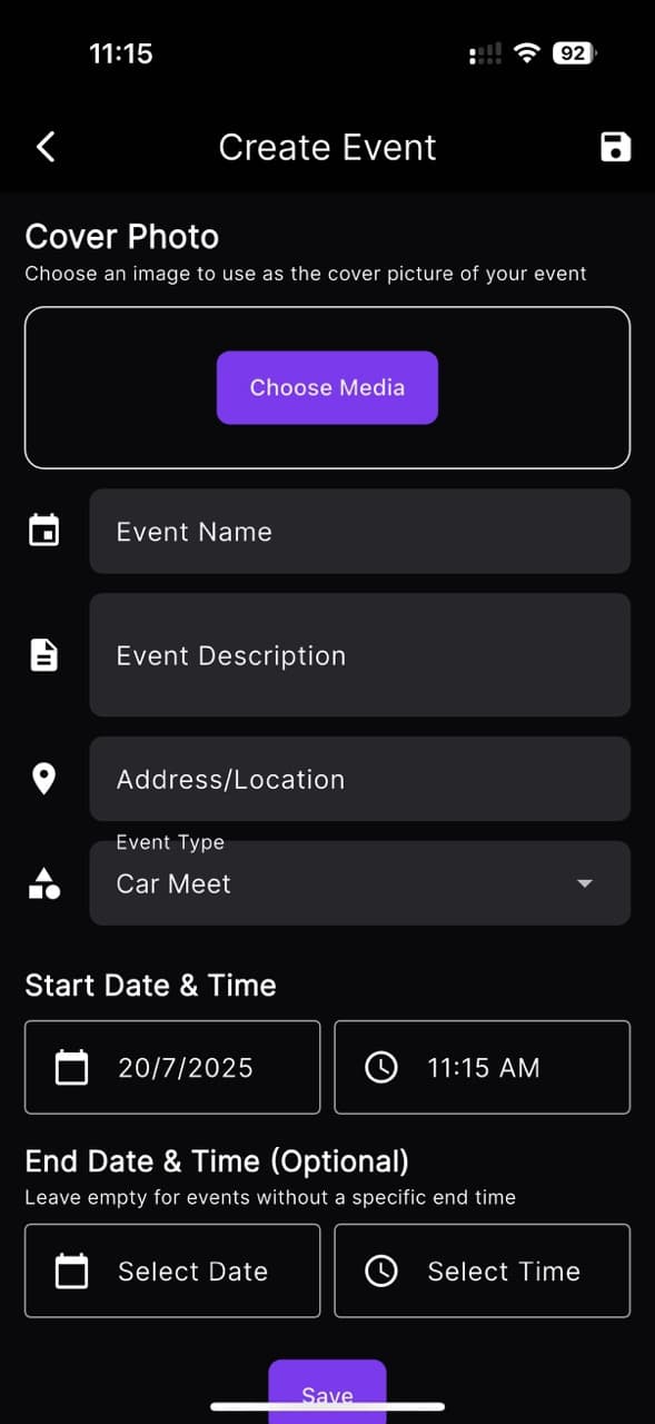 Event Creation Interface - Overtune's intuitive event creation form with fields for title, date, location, description, and media upload options