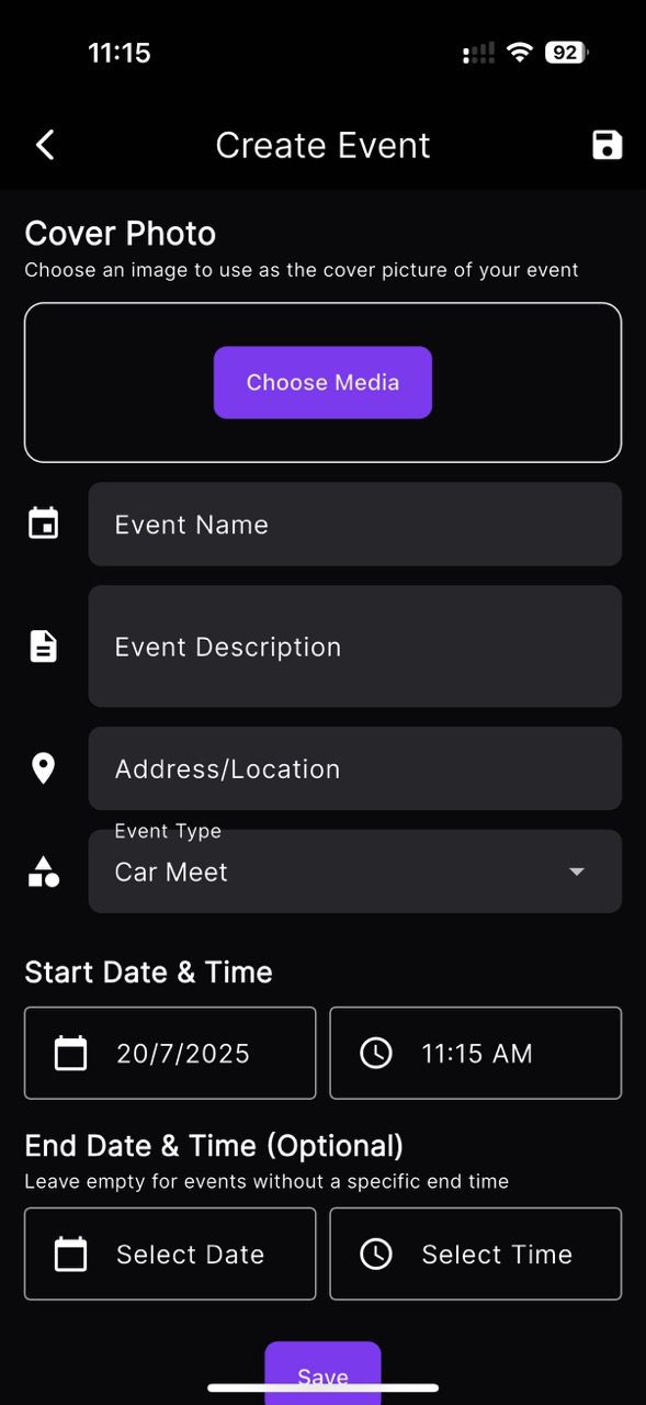 Event Creation Interface - Overtune’s intuitive event creation form with fields for title, date, location, description, and media upload options